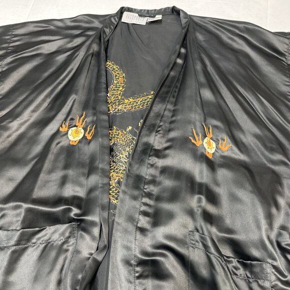 Passports by Pier 1 Kimono Robe Womens OS Black Satin Long Embroidered Dragon - Picture 6 of 9